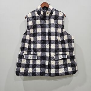 Talbots Womens Buffalo Plaid Quilted Puffer Vest 1X Black White Casual Country